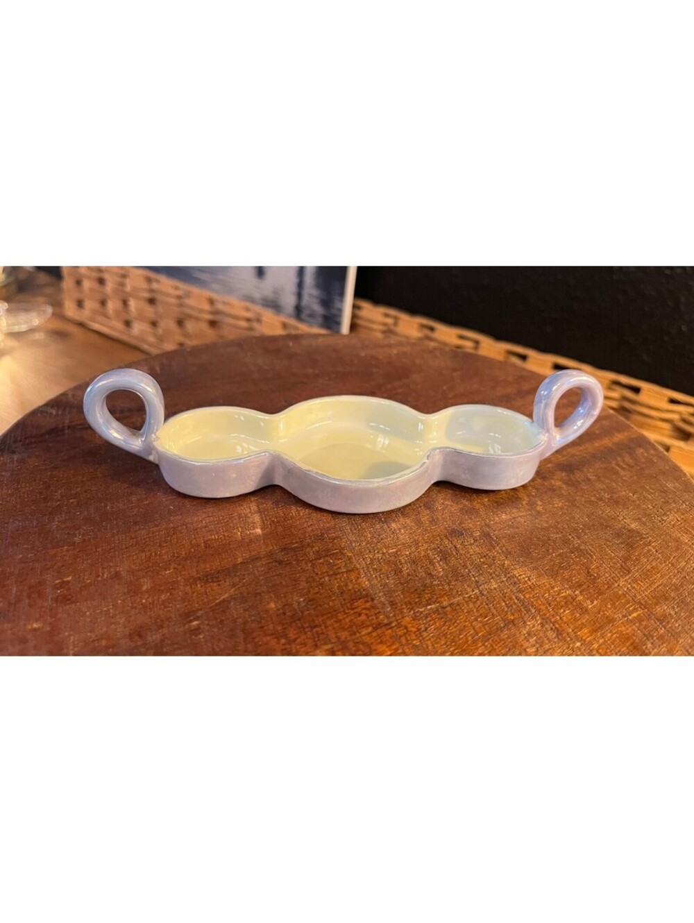 Vintage Mid. Century Pastel Ceramic Divided Dish Scalloped Double Handle